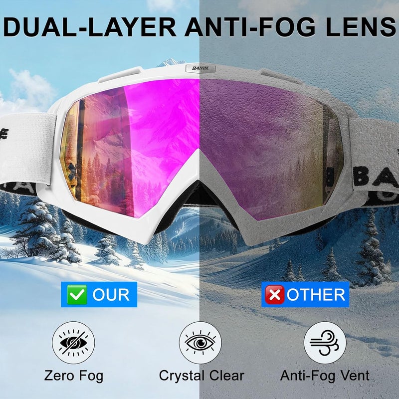 BATFOX Anti Fog Ski Goggles OTG for Adults & Kids, Snowboard Goggles with 100% UV Protection & Anti-Slip Fit for Skiing - Image 2